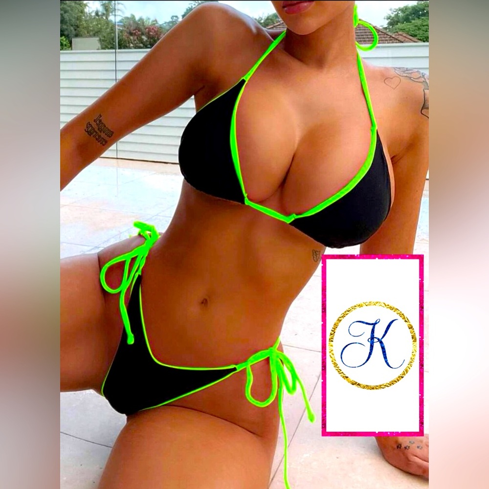 Neon Green & Black Bikini Swimsuit 💋, 2-piece, String Tie Bikini, Solid Set